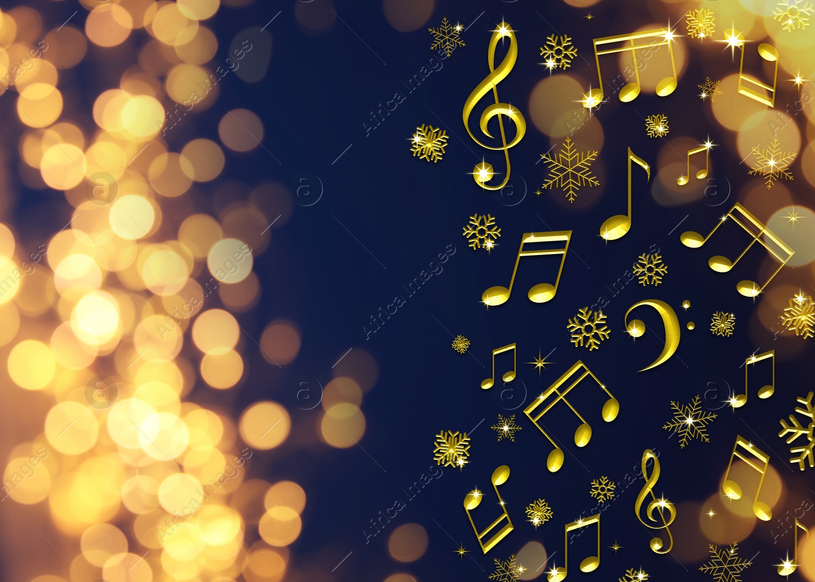 Image of Music notes and snowflakes on blue background, space for text. Bokeh effect