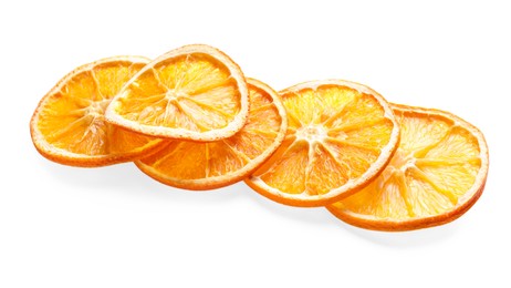 Photo of Delicious dry orange slices on white background