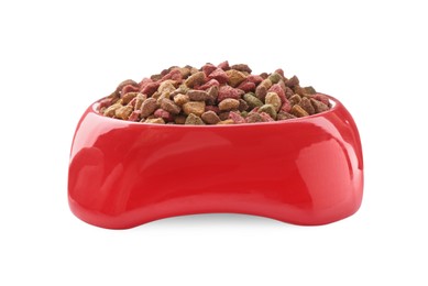 Photo of Dry cat food in red pet bowl isolated on white