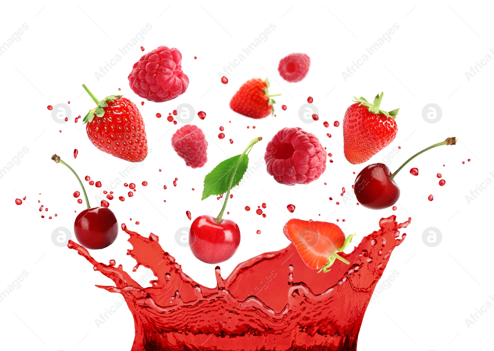 Image of Delicious ripe berries falling in juice with splashes on white background