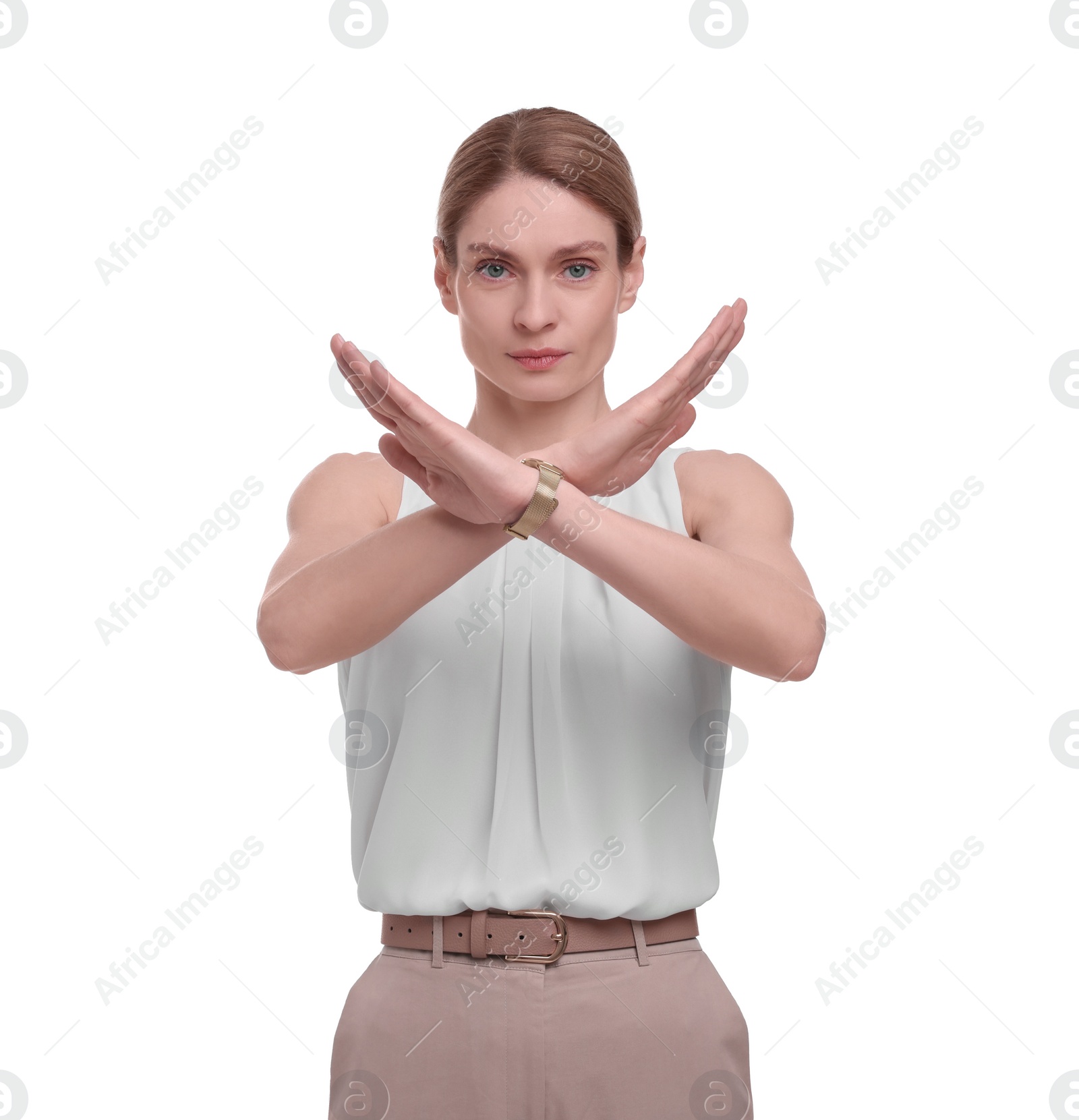Photo of Portrait of beautiful businesswoman rejecting on white background