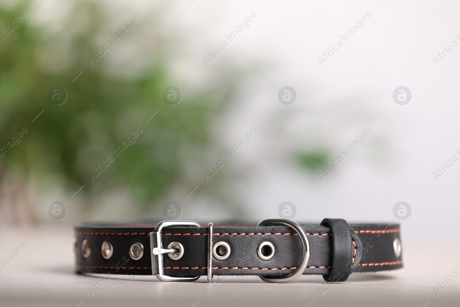 Photo of Black leather dog collar on table against blurred background, closeup. Space for text
