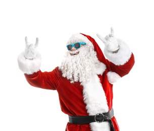 Photo of Authentic Santa Claus wearing sunglasses on white background