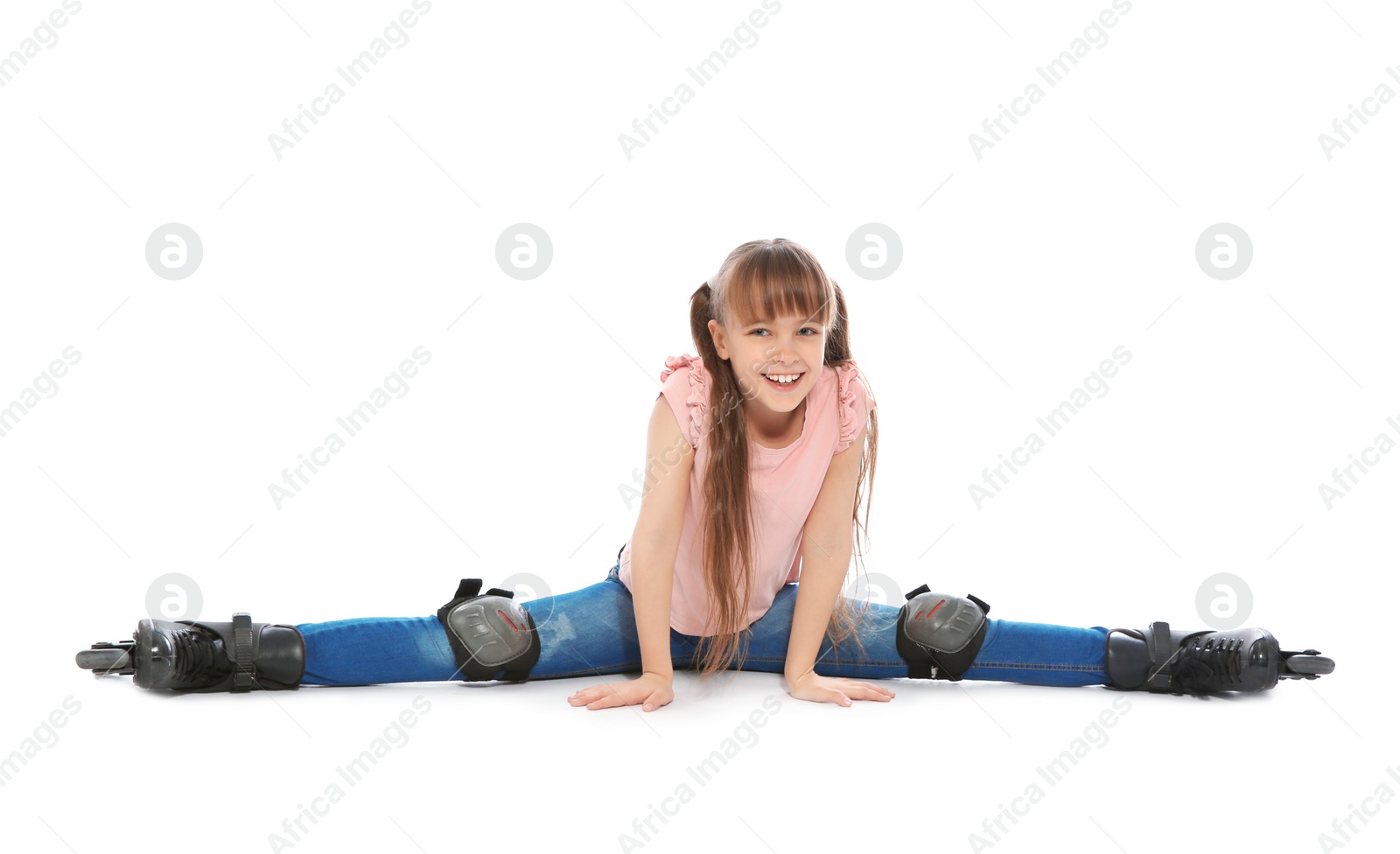 Photo of Girl with inline roller skates on white background