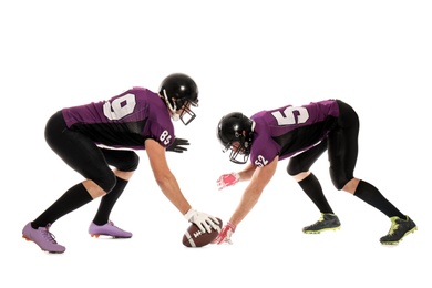 Photo of Men in uniform playing American football on white background