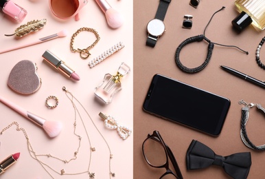 Photo of Male and female accessories on color background, flat lay