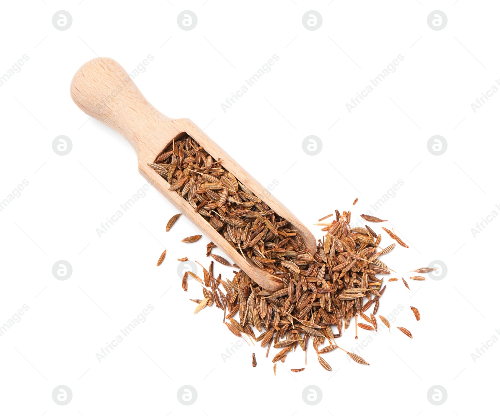 Photo of Scoop of aromatic caraway (Persian cumin) seeds isolated on white, top view