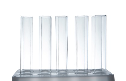 Photo of Empty test tubes in holder on white background. Laboratory analysis