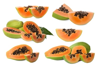 Image of Set with fresh ripe papaya fruits on white background