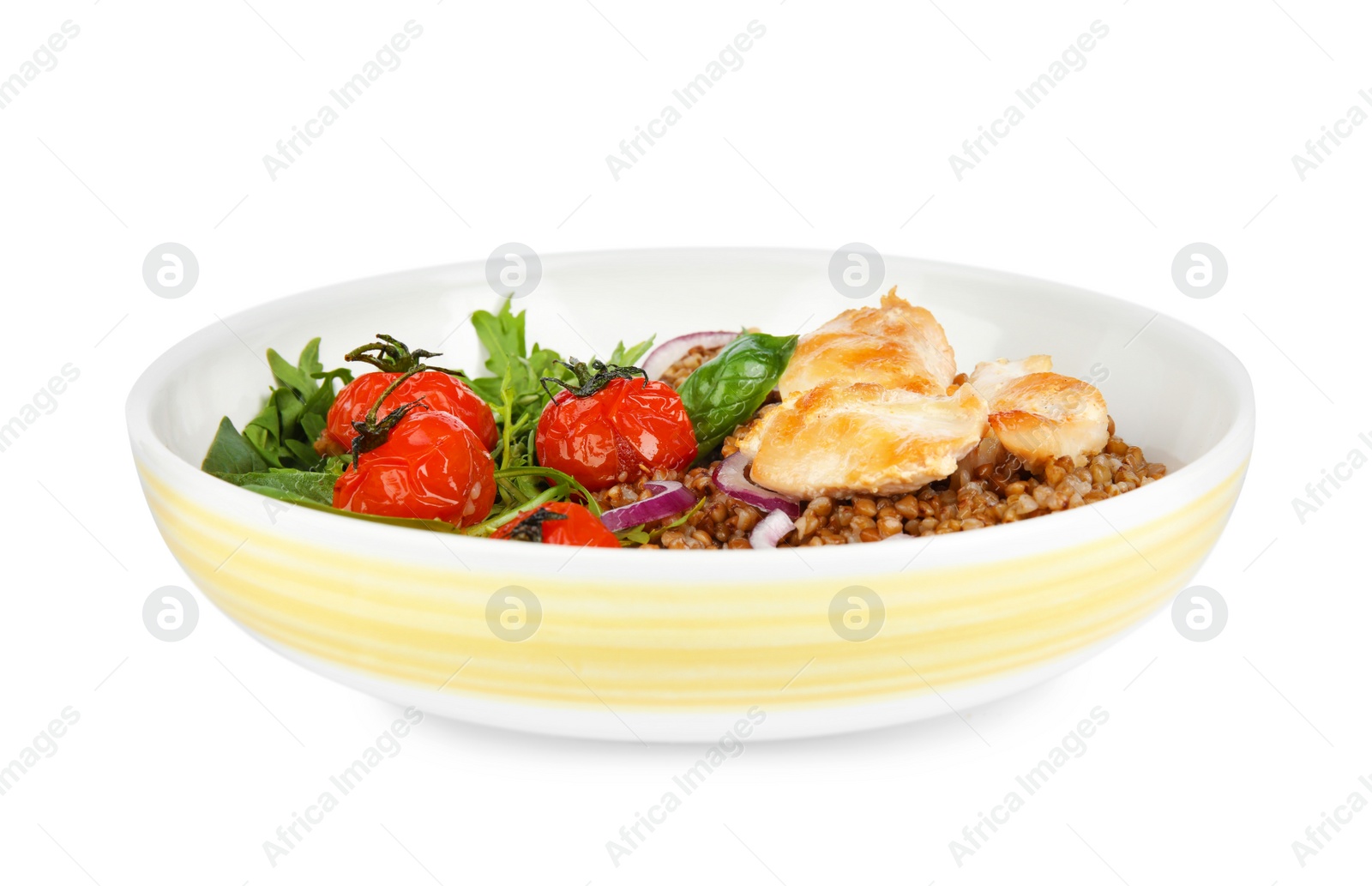 Photo of Tasty buckwheat porridge with meat and vegetables on white background