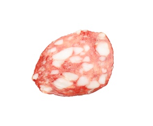 Photo of Cut fresh tasty sausage on white background