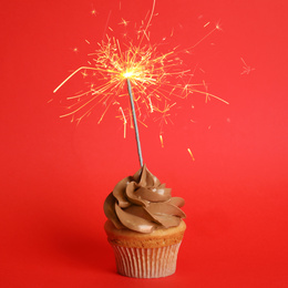 Birthday cupcake with sparkler on red background