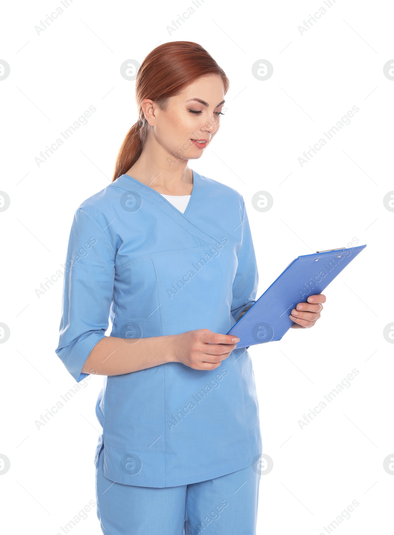Photo of Portrait of medical doctor with clipboard isolated on white