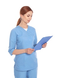 Photo of Portrait of medical doctor with clipboard isolated on white