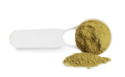 Photo of Hemp protein powder and measuring scoop on white background