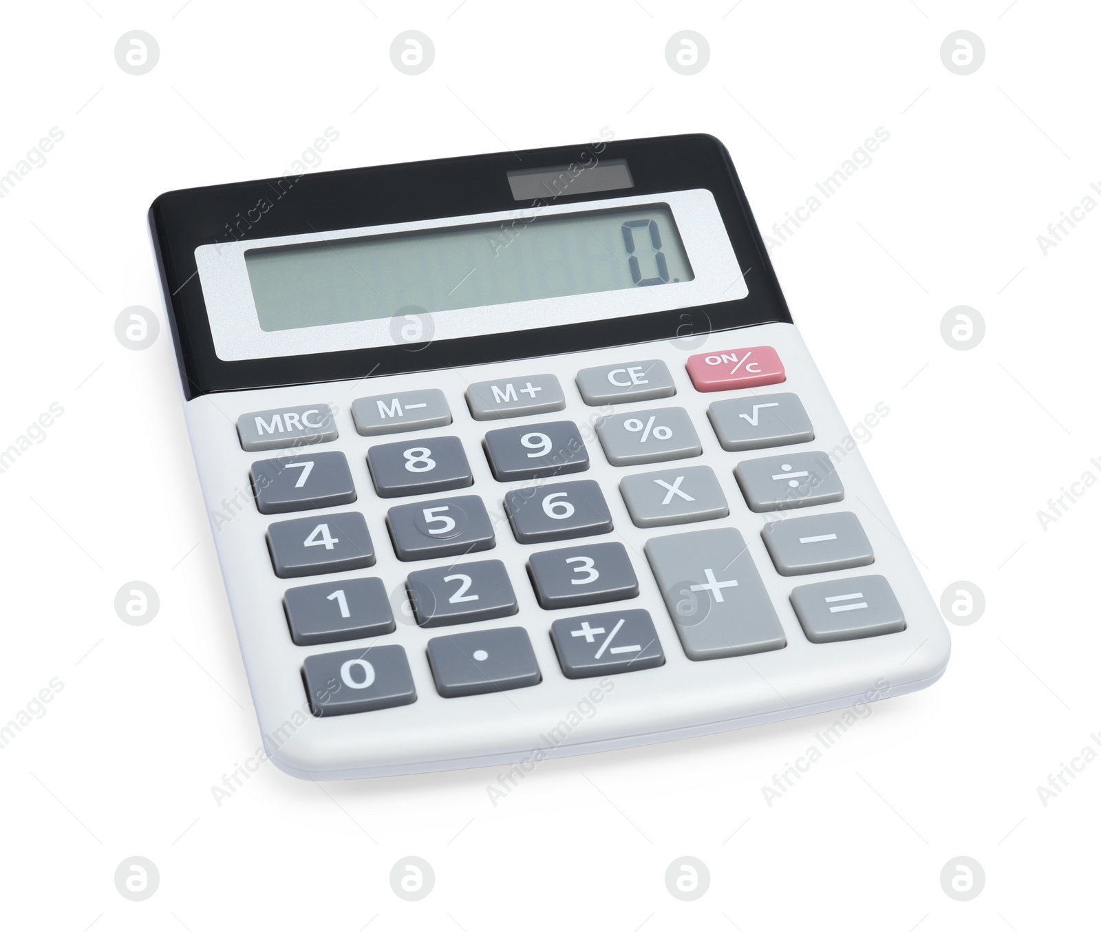 Photo of Modern calculator isolated on white. Office stationery