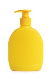 Photo of Yellow bottle with sun protection body lotion on white background. Cosmetic product