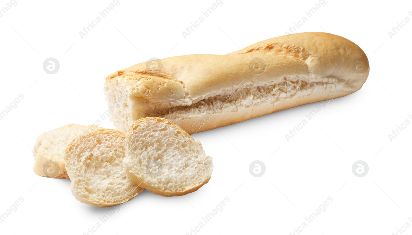 Photo of Pieces of fresh baguette isolated on white