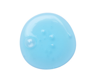 Photo of Sample of light blue cosmetic gel on white background, top view