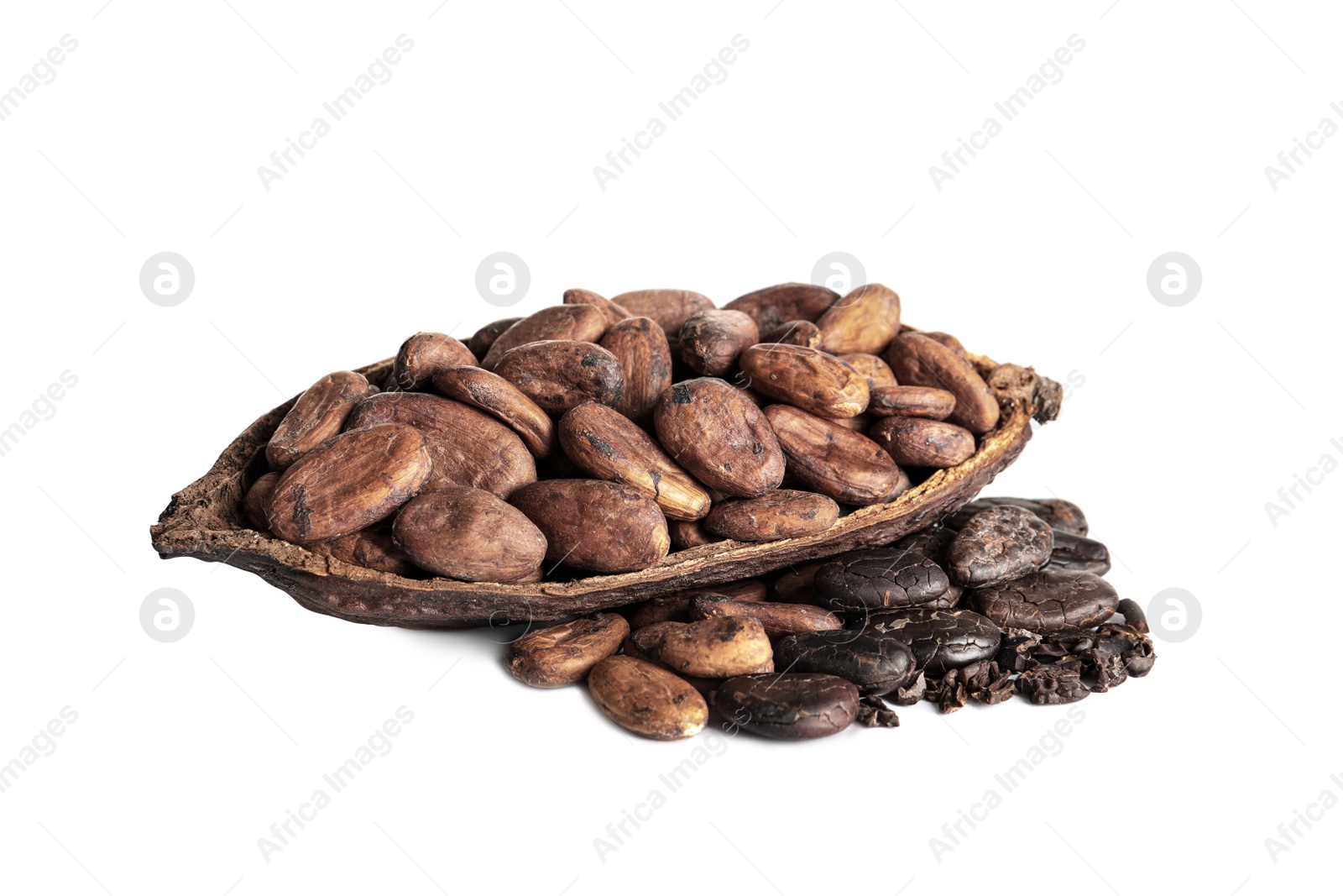 Photo of Cut pod and cocoa beans isolated on white