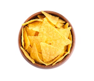 Photo of Bowl of tasty tortilla chips (nachos) on white background, top view