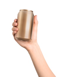 Photo of Woman holding aluminum can with beverage on light background