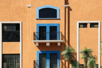 Palm trees and building with closed windows outdoors