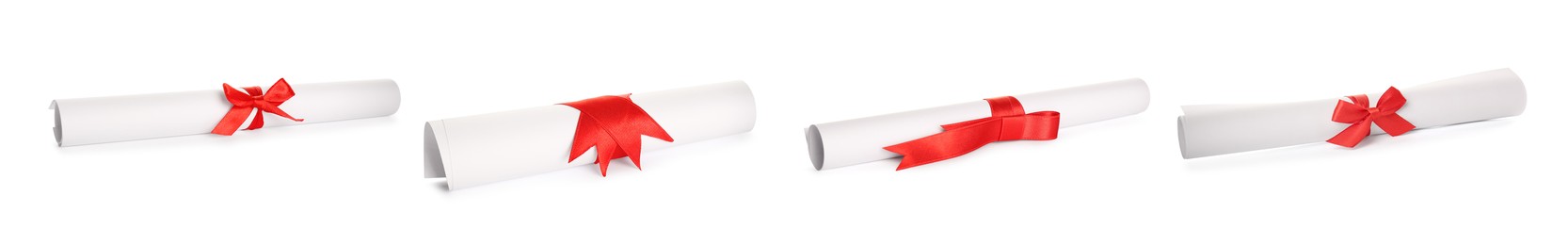 Image of Rolled student's diplomas with red ribbons on white background, collage. Banner design
