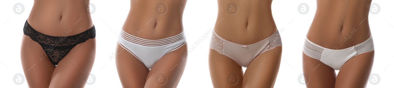 Image of Collage with photos of women wearing panties on white background, closeup. Banner design