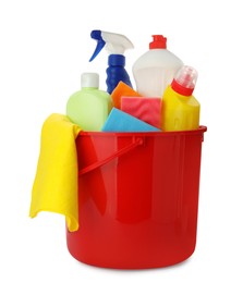 Photo of Red plastic bucket with different cleaning products isolated on white