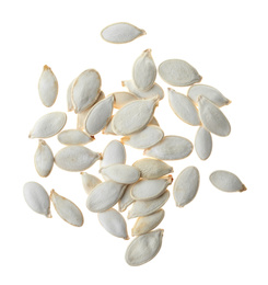 Photo of Pile of raw pumpkin seeds isolated on white, top view. Vegetable planting
