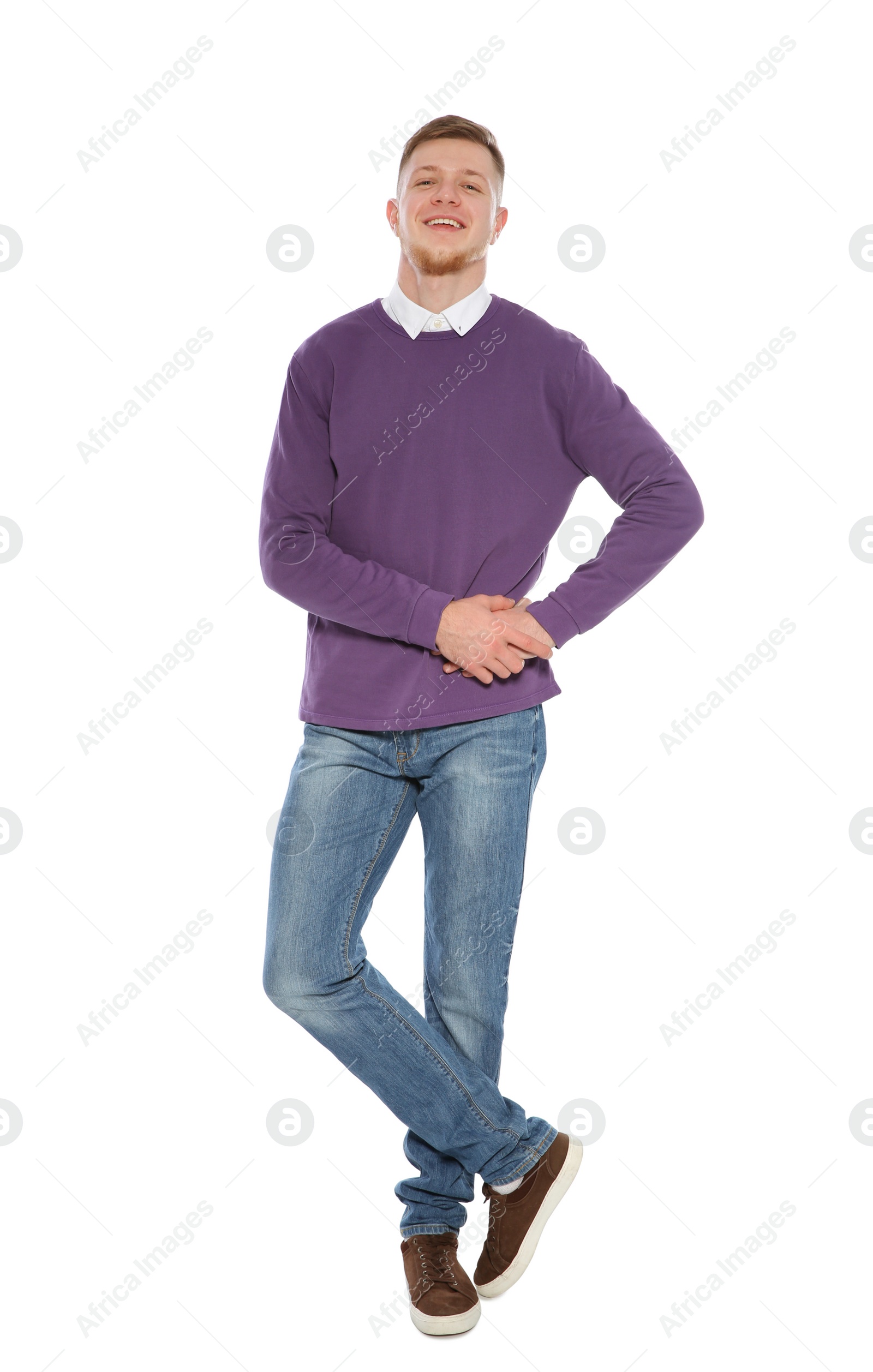 Photo of Full length portrait of handsome young man on white background