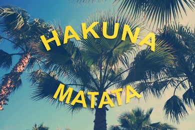 Image of Hakuna Matata, inspirational phrase in Swahili meaning no worries. Palm trees outdoors on sunny summer day, stylized color toning