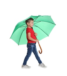 Photo of Little boy with green umbrella on white background