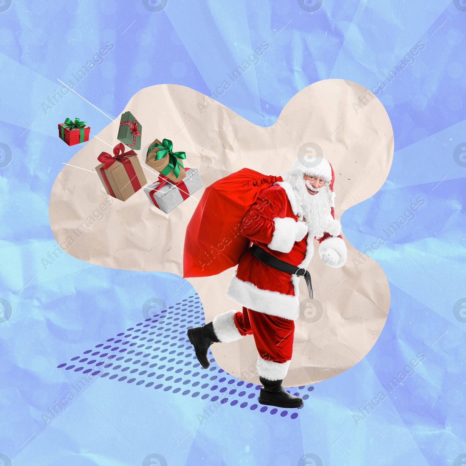 Image of Christmas art collage with hurrying Santa Claus. Gift boxes flying out from his red sack on color background