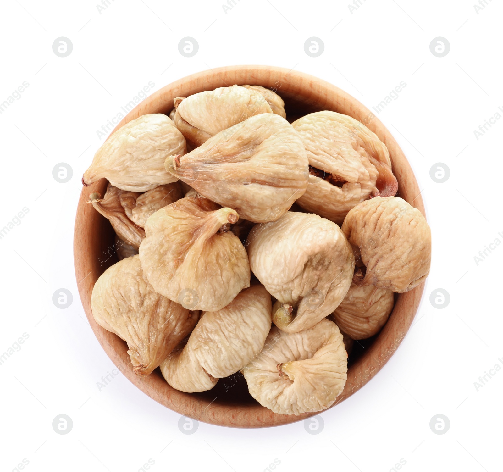 Photo of Bowl with figs on white background, top view. Dried fruit as healthy food