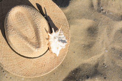 Photo of Stylish straw hat and sea shell on sandy beach, top view. Space for text