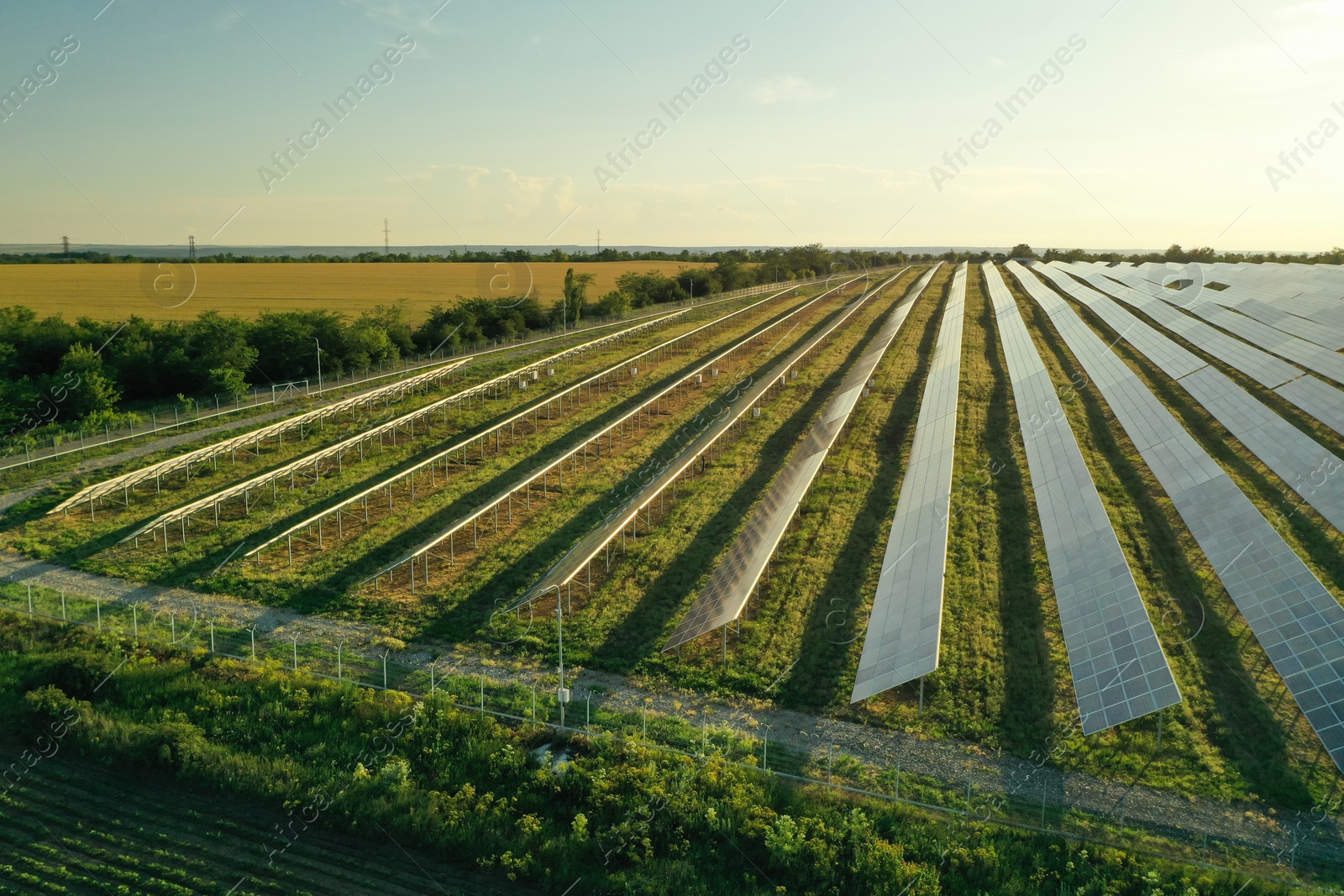 Photo of Solar panels installed outdoors, aerial view. Alternative energy source