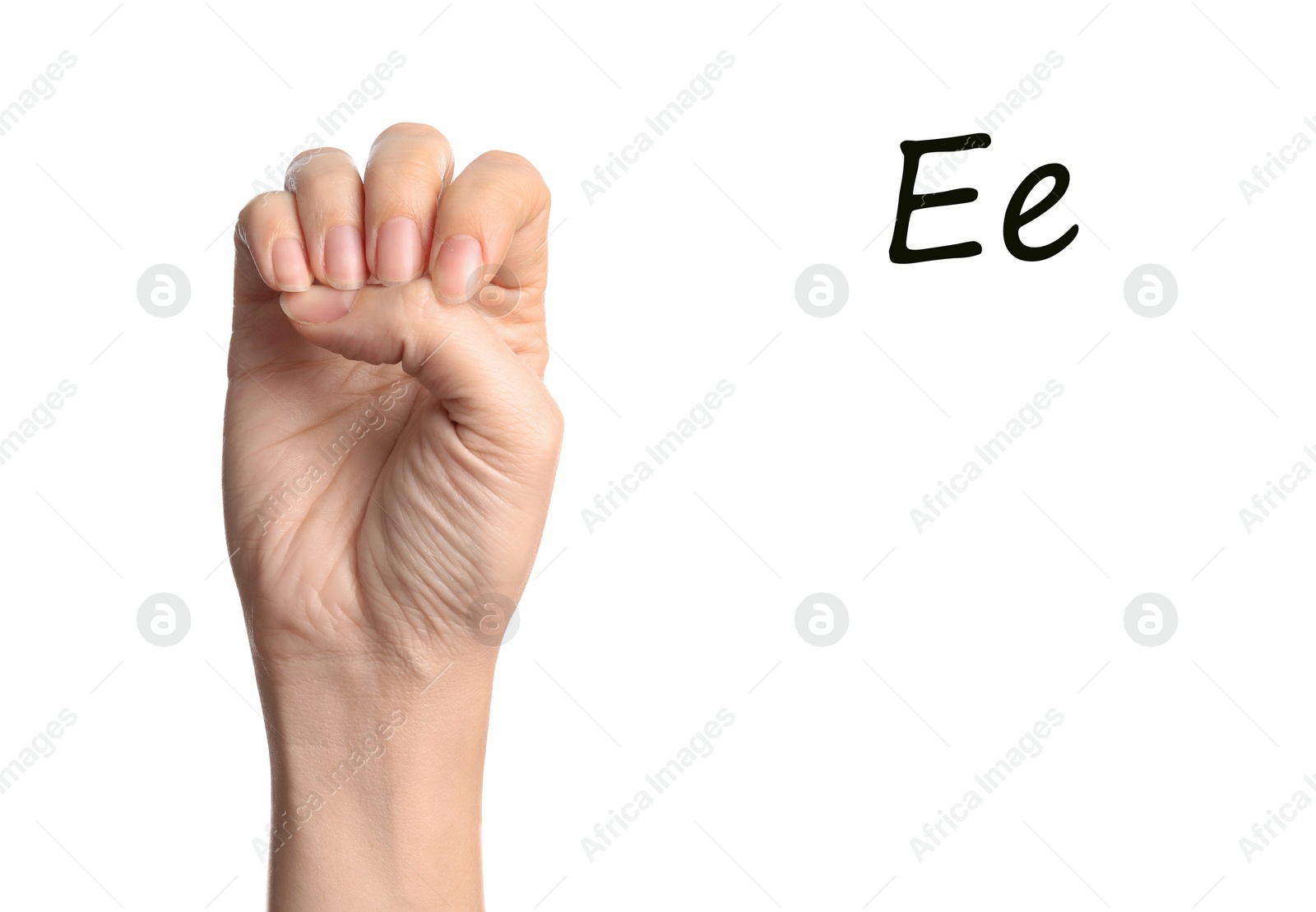 Image of Woman showing letter E on white background, closeup. Sign language