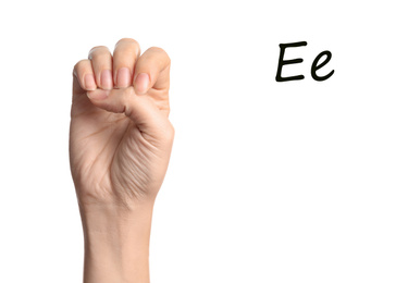 Image of Woman showing letter E on white background, closeup. Sign language