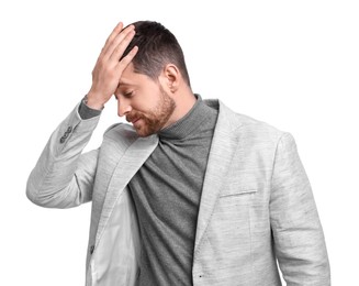 Photo of Upset businessman in suit on white background