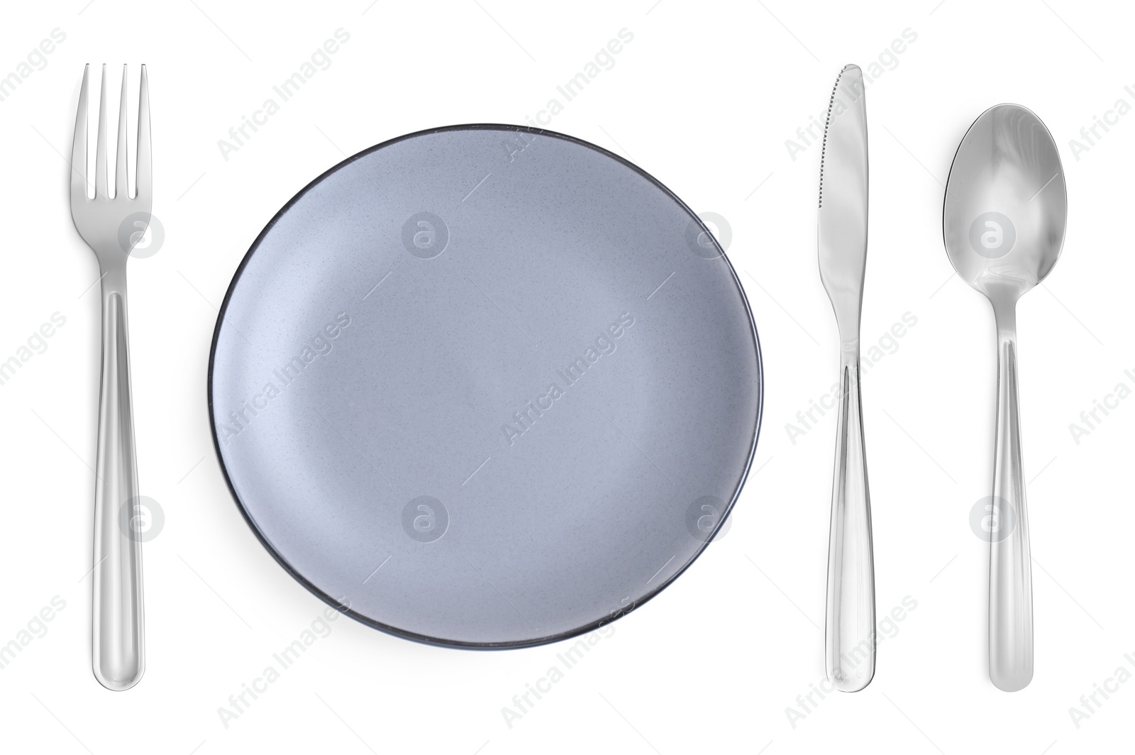 Image of Empty grey plate with fork, knife and spoon on white background, top view