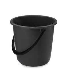 Photo of Empty black plastic bucket isolated on white