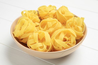 Raw tagliatelle pasta in bowl on white wooden table, closeup