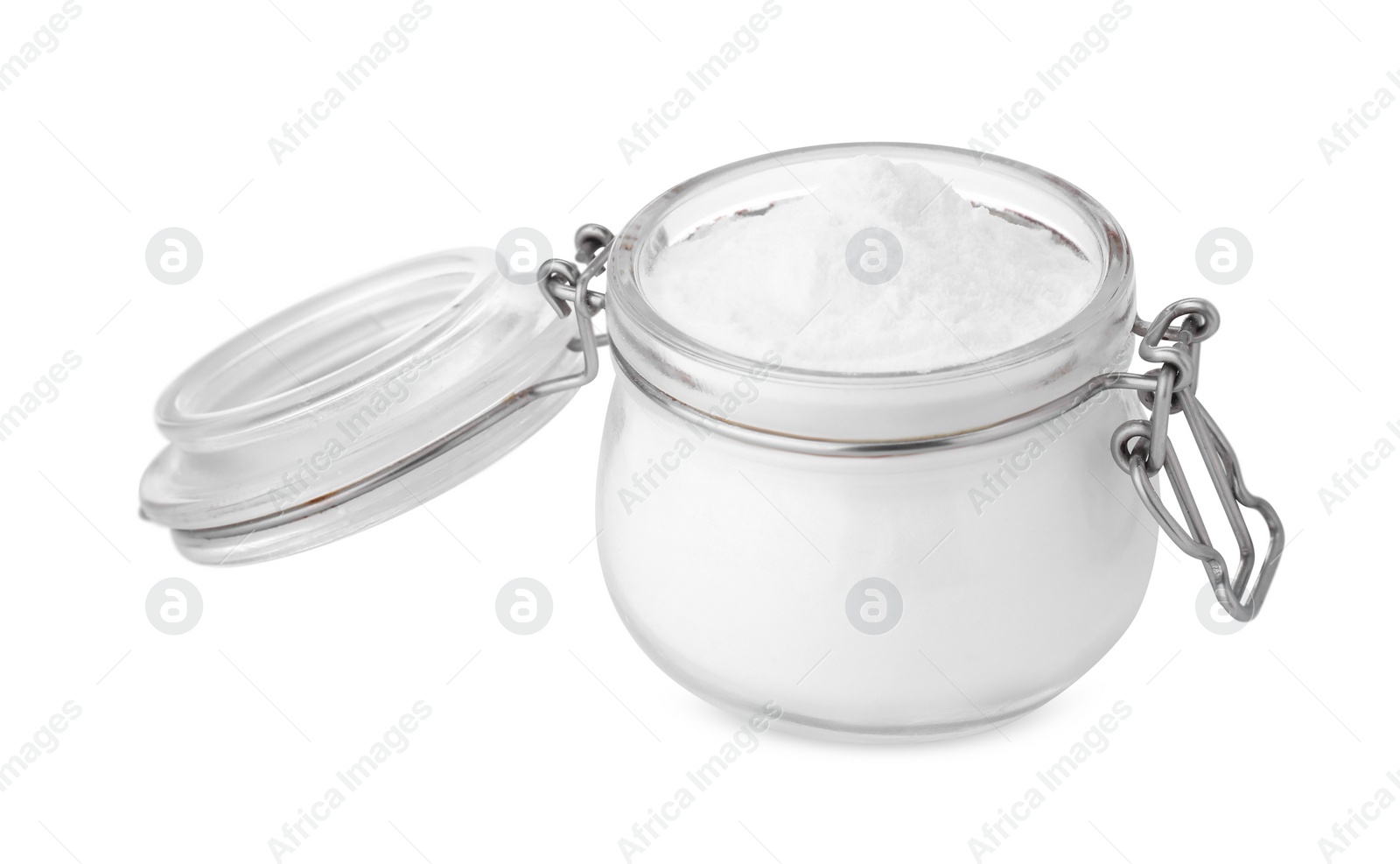 Photo of Jar with sweet fructose powder isolated on white