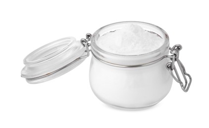 Jar with sweet fructose powder isolated on white