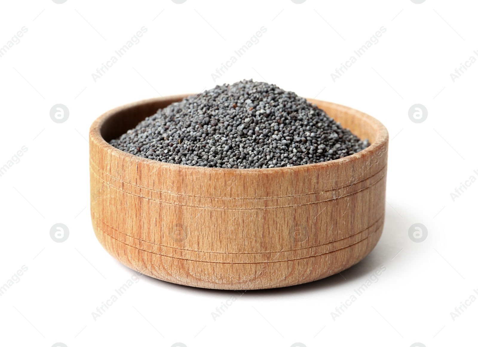 Photo of Raw poppy seeds in wooden bowl on white background