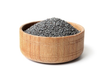 Raw poppy seeds in wooden bowl on white background