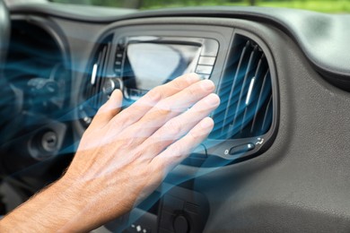 Image of Man checking work of conditioner in car and illustration of cool air flow, closeup