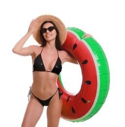 Photo of Beautiful woman in stylish bikini with inflatable ring on white background